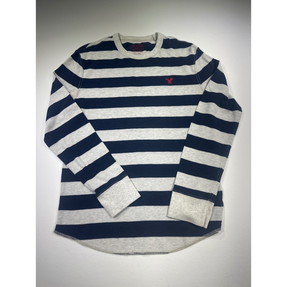 American Eagle Heritage Thermal Shirt Mens Medium Navy Gray Striped Waffle Knit